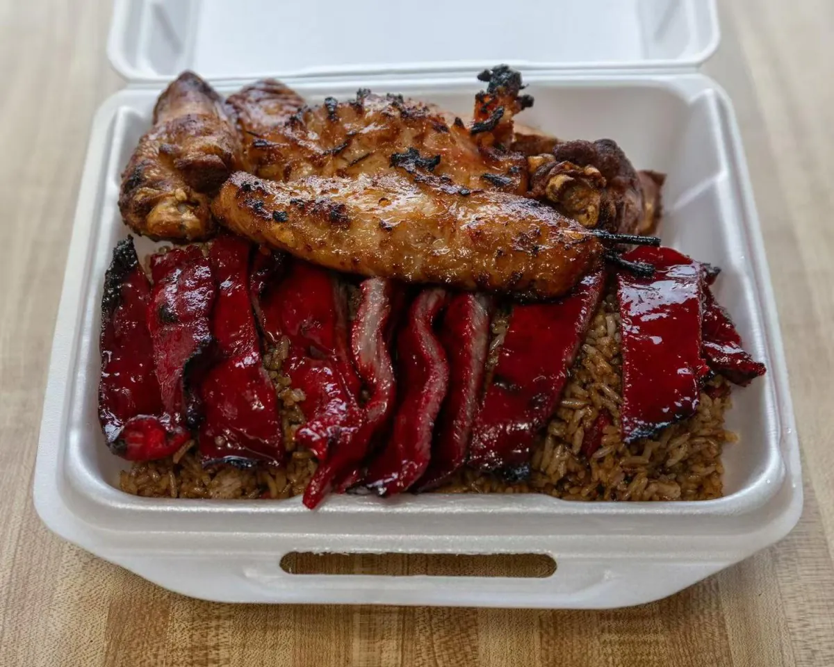 Rice topped with BBQ pork and grilled chicken at Wah Sang Restaurant, a Chinese Restaurant in Methuen