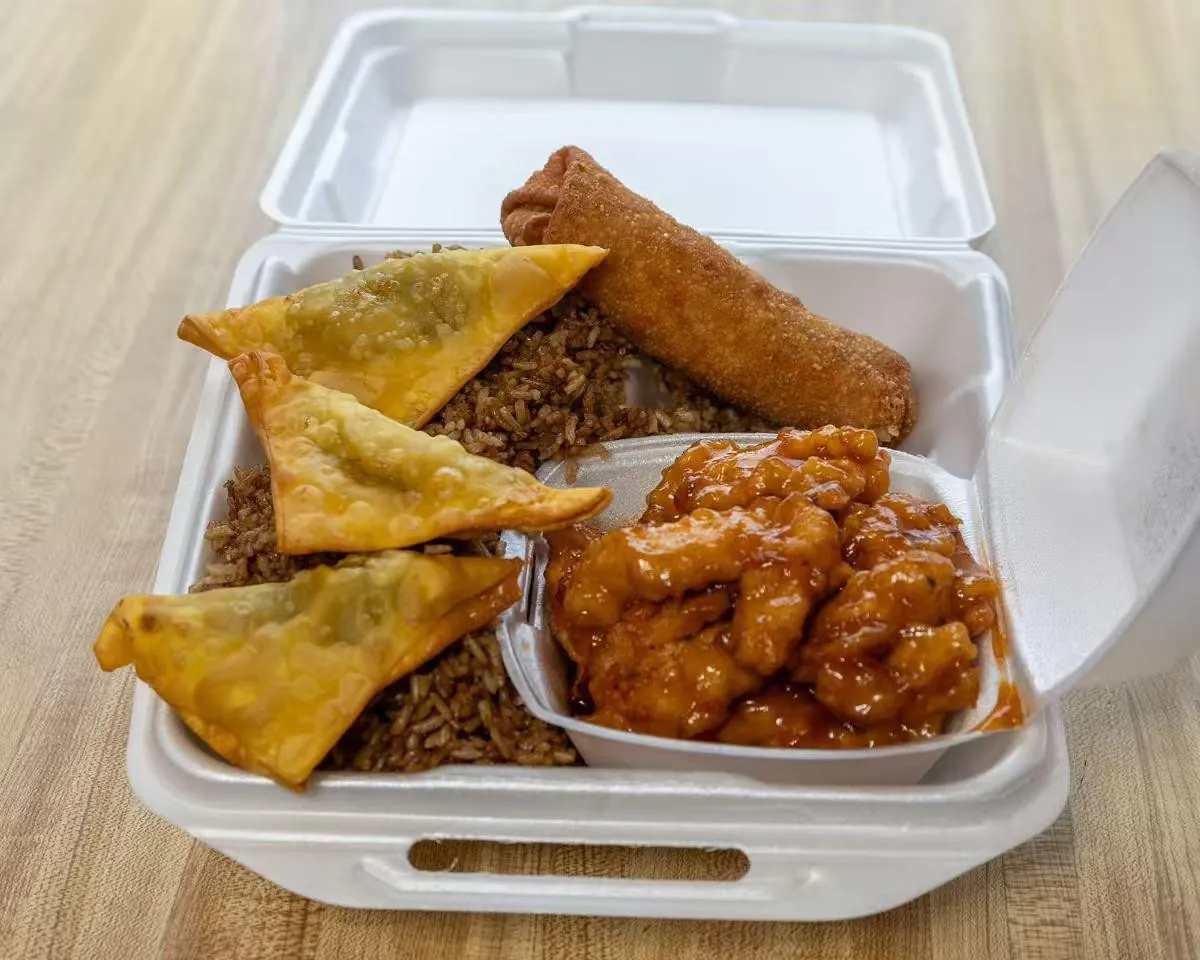 Combo with rice, wontons, egg roll and chicken at Wah Sang Restaurant, a Chinese Restaurant in Methuen